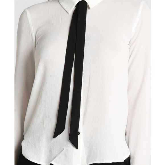 Off White Bow Tie Button Shirt Chiffon Blouse Top - Picture 7 of 8
